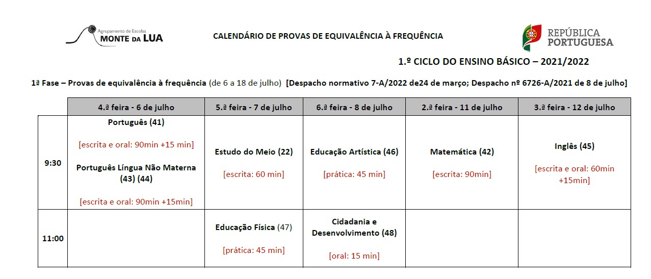 Calendário PEF 1 ciclo