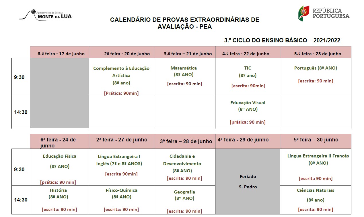 calendário PEA 7 8ano EBICOL 3 ciclo